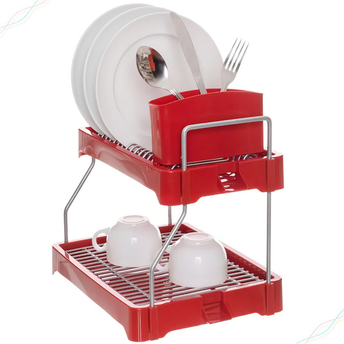 Escurridor de vajilla compacto con cable, soporte para cubiertos de color rojo