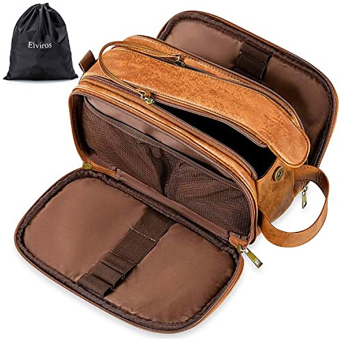 Bolsa Marron Oscuro Cuero Mediano Kit De Afeitado De Hombre