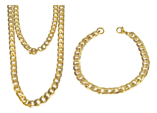 Kit Cadena Y Pulsera Color Oro Eslabon Cubano Acero Unisex