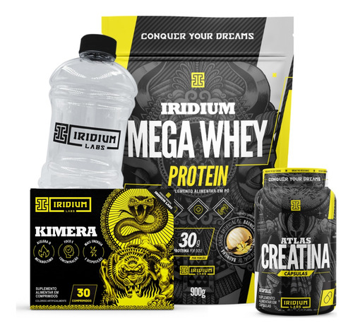 Kit Mega Whey + Creatina Cáps+ Kimera Thermo 30+ Galão 950ml Sabor Baunilha -Iridium Labs