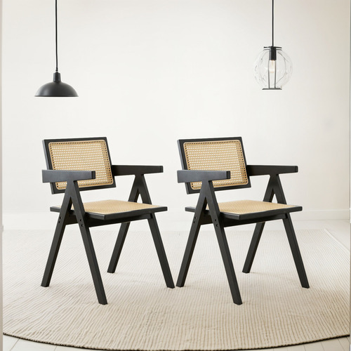 Sillones Square De Comedor Cocina Madera Rattan Sintético X2 Estructura de la silla Negro Asiento Beige