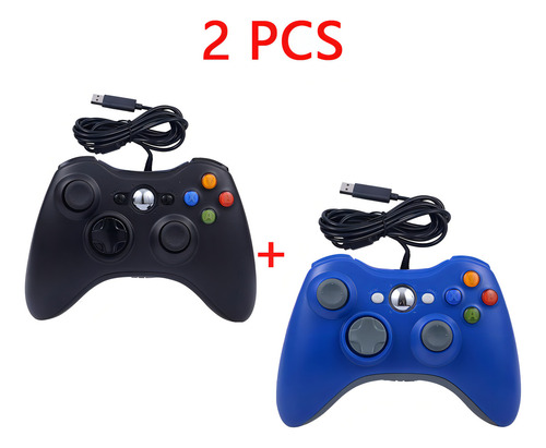Kit de controle com fio preto 2 compatível com Xbox USB PC, cor preto/azul