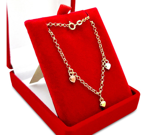 Pulseira Portuguesa Em Ouro 18k Corações Amarelo Branco Rosé
