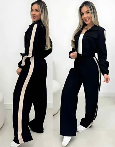 Conjunto De Frio Feminino Jaqueta E Calça Listrada Sensorial Preto M