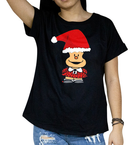 Jvnl, Playera Negra Mafalda Navideña, Mujer Algodón 