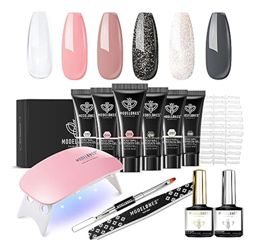 Modelones Poly Nail Extension Gel Kit - 6 Colores Con Lámpar