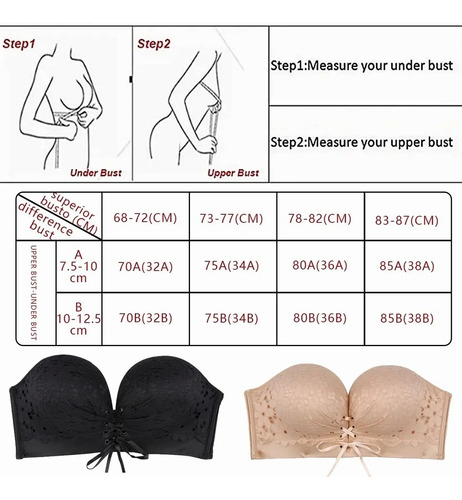 Brasier Push Up Strapless Sin Tirantes De Encaje Negro 32/70