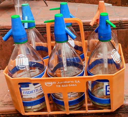 5 Sifones De Vidrio .cabeza De Plastico.fischetti 1 L. Retro Vidrio Y Plastico (Usado)