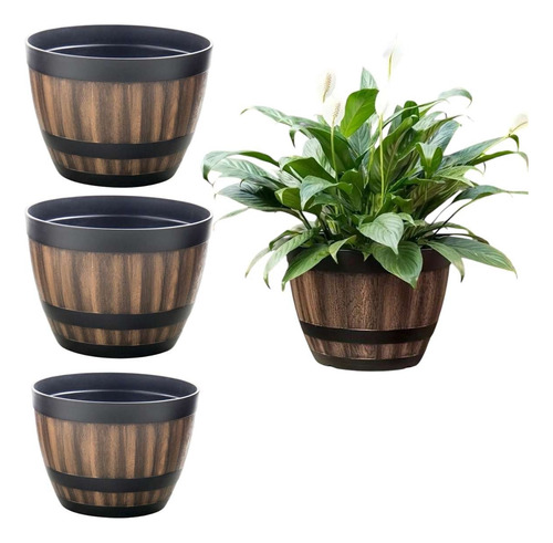 4 Maceteros Barril Simulación Madera 4l C/ Agujero 22.8×17cm