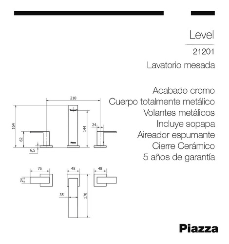 Canilla Griferia Mesada Baño Lavatorio Piazza Level 21201