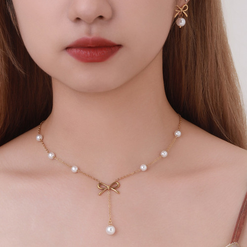 Set: Collar+aretes, Moño Lazo Perlas Acero Inoxidable 304 Dorado