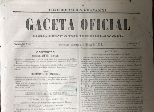 Gaceta Estado Soberano De Bolívar 1859