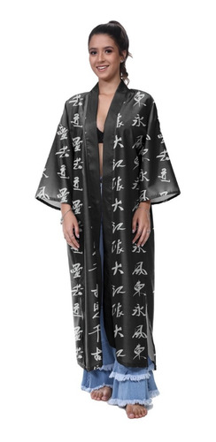 Kimono Haori Longo Kanji Nuvens China Japão Flor Caligrafia