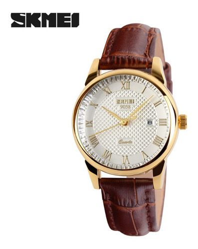 Reloj De Pulsera De Cuero Skmei Luxury Calendar Para Mujer Color Del Bisel Golden/white