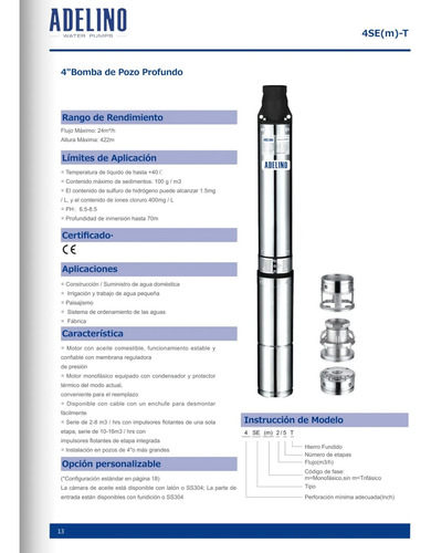 Bomba Sumergible 1 Hp Adelino 4sem2/9t220 S/caja De Control