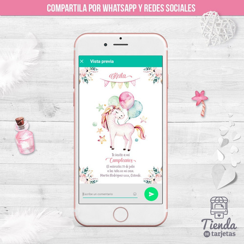 Imagen 4 de 4 de Invitación Digital + Imprimible - Unicornio Y Globos