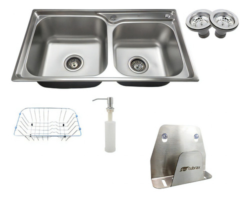 Kit Cuba Pia Dupla Inox 201 + Porta Esponja Inox 304 Tubrax