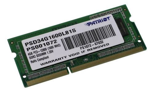 Memoria Ram Laptop Patriot 4gb Ddr3 1600mhz Sodimm Cl11 1.35