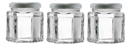 Pote para alimentos Genérica Jogo 3 potes vidro sextavado com tampa metal 150ml 150mL transparente