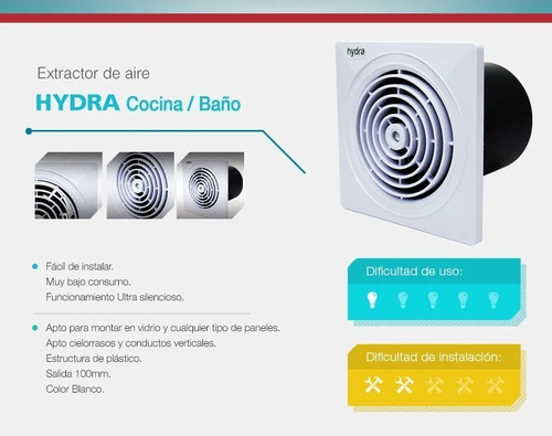 Imagen 2 de 3 de Extractor De Aire Baño Cocina 100mm Blanco Hydra Hy-vf100
