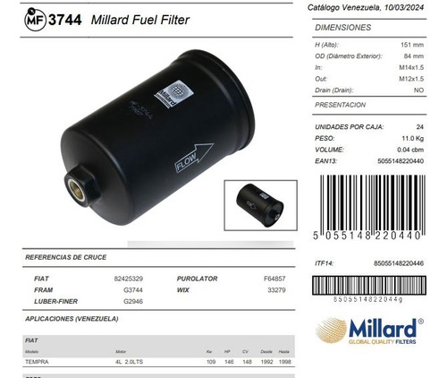 Mf3744 Filtro Gas Tempra Sierra 740; 940; 960 Serie 940turbo