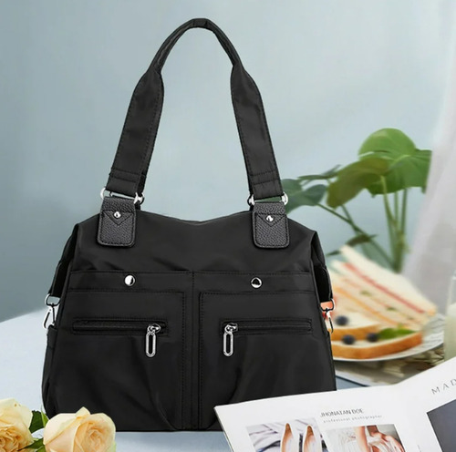 Cartera Bandolera Bolso De Mano - Tela Impermeable Negra Negro