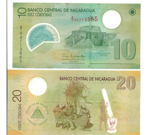 Nicaragua: 2 Billetes 10 Y 20 Córdobas 2007