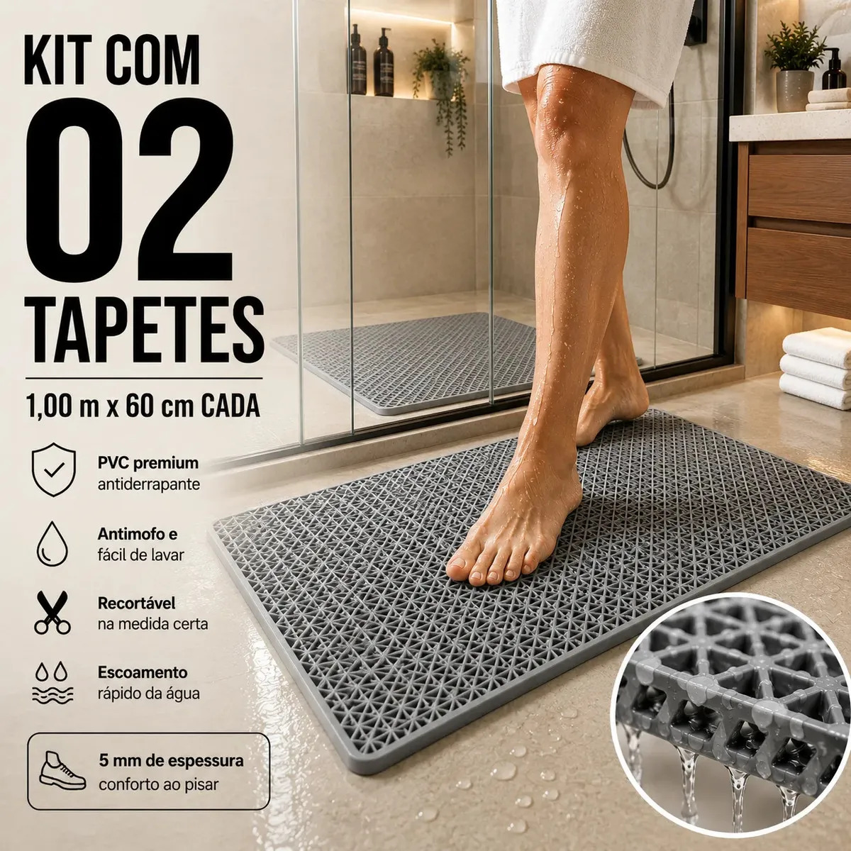 Kit 2 Tapetes Antiderrapante Para Banheiro Box Piscina Ideal Para Piso Molhado Crianças E Idosos 1 Metro