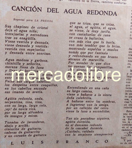 Luis Franco 1939 Canción Del Agua Redonda Primera Edición