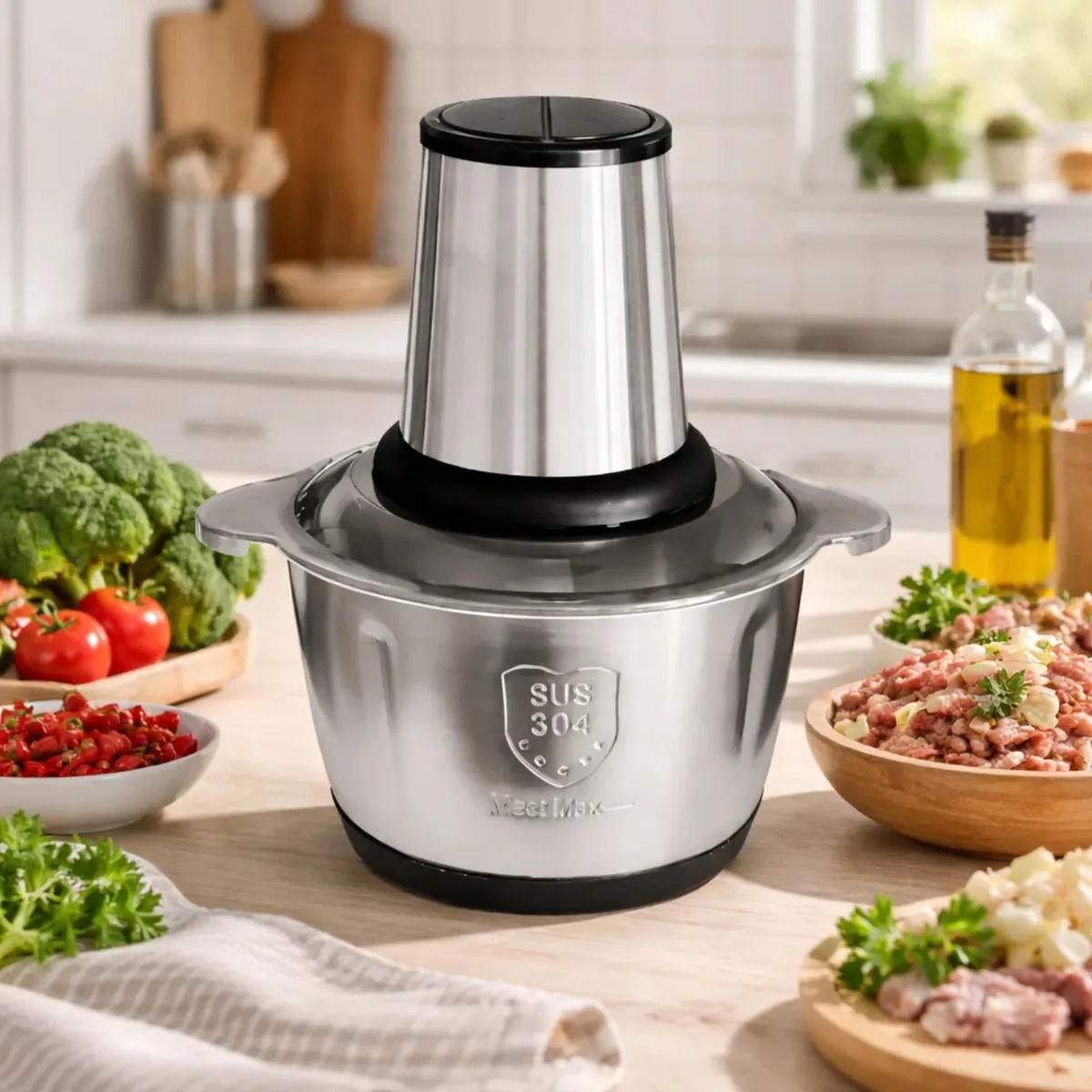 Multiprocessador E Triturador De Alimentos Elétrico Picador de 2 Litros Inox 110v Moedor de Alimentos Cortador de Carne Cortador de Legumes Multifuncional Triturador De Comida Ofic