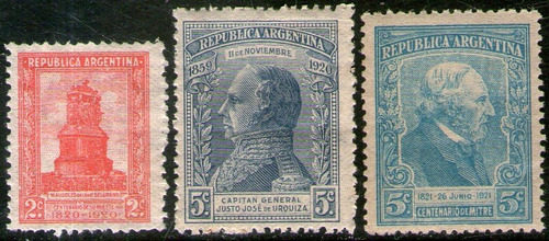 Argentina 3 Sellos Mint Belgrano = Urquiza = Mitre 1920-21
