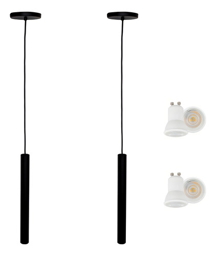 Kit 2 Pendente Tubo Gu10 Quarto Lavabo Preto Fosco C/ Led