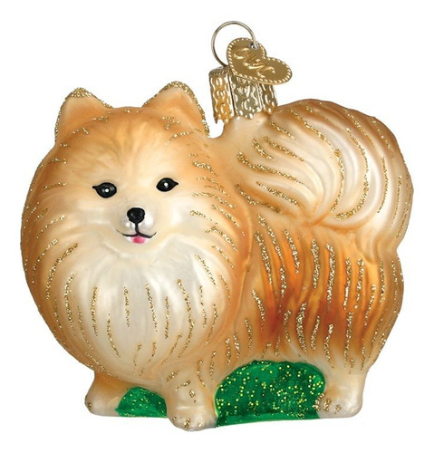 Old World De Navidad Vidrio Blown Pomeranian W/verde Ornamen