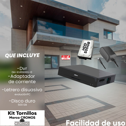 Kit Cronos Dvr Dahua Xvr5816s-i3-p500 16 Canales 5 Mp Lite Wizsense 8 Ch Ip + Hdd 500gb H.265+ Hdcvi Hasta 24 Canales Ip 2 Canales De Reconocimiento Facial Xvr5816s 8 Bahías De Discos Duros Cctv