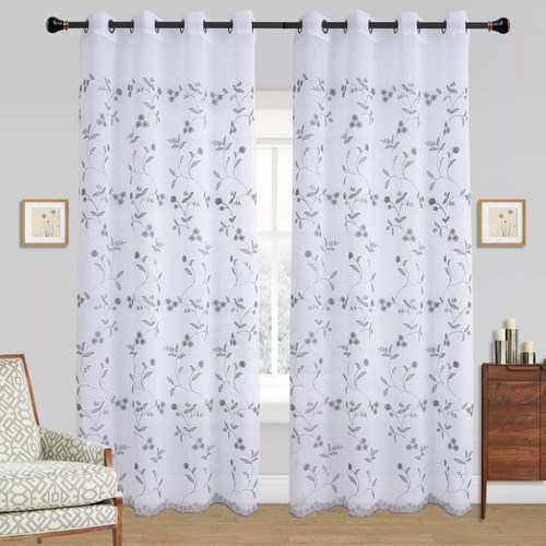 Set Visillo De Lino Bordado 140*220cm De Color Gris