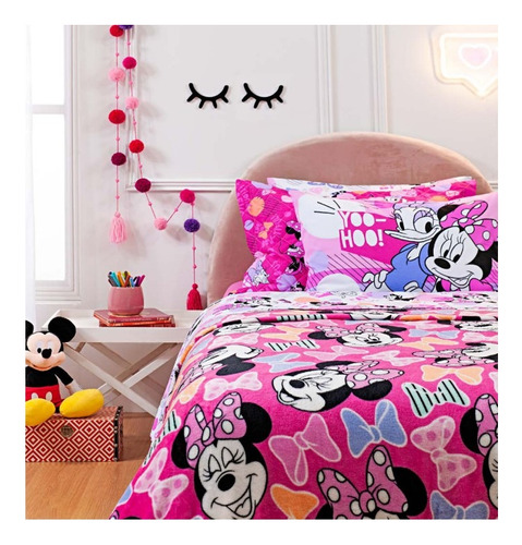 Manta Soft Flannel Solteiro Infantil Personagens. Cor Disney Minnie Laços