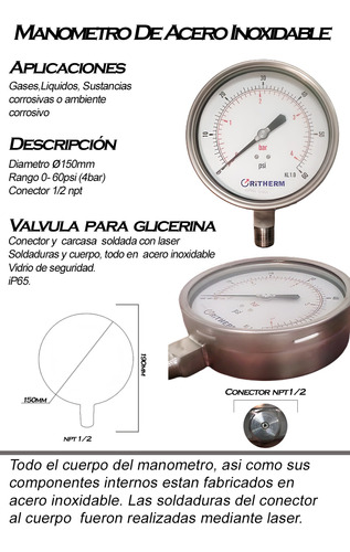 Manómetro A/i Dial 6puLG (0-60psi)