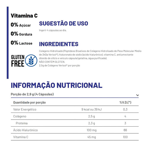 Colágeno Verisol + Vitamina C + Ác. Hialurônico - 60 Cáps