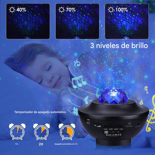 Proyector Luz Galaxia Estrellas Led Parlante Velador Lampara Negro Multicolor