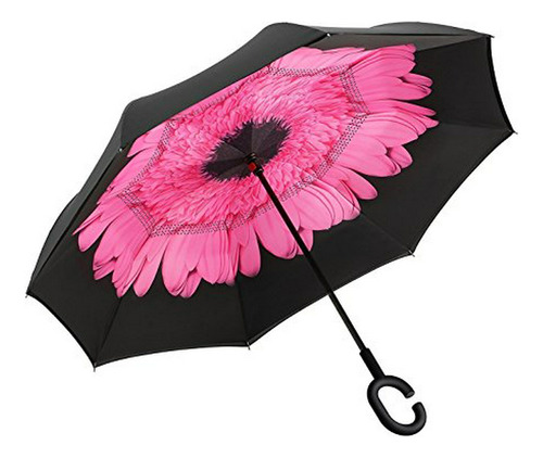 Paraguas Invertido Doble Capa Floral Con Asa En C.