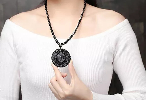 Collar De Obsidiana Negra Con Diseño De Dragón Natural, 2 Un