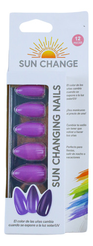 Kit Uñas Postizas Sun Change Presson Cambia Color 12 Piezas Morado Claro/morado Obscuro Punta