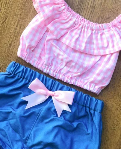 Conjunto Bebê Menina Blusa Xadrez e Shorts Azul e Rosa