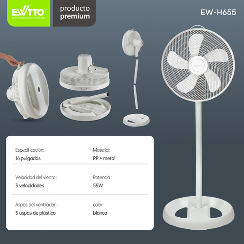 3 En1 Ventilador De Piso 16 Pulgadas Portatil Ewtto Ew-h655