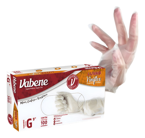 Luvas descartáveis Vabene Viniflex cor transparente tamanho G de elastômero termoplástico x 100 unidades
