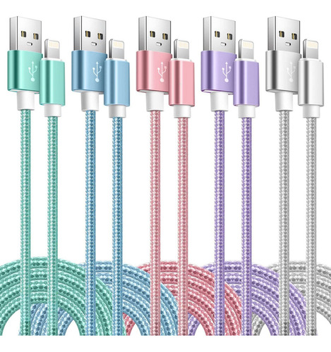 Paquete De 5 Cables De Carga Para iPhone, 3/3/6/6/10 Pies, C