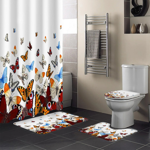4pcs Set De Cortina De Ducha Mariposa Rústica Degradada