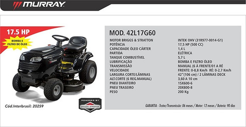 Trator Cortador De Grama Murray 17,5 Hp