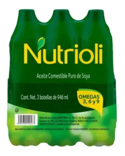 Nutrioli Aceite Comestible Puro De Soya 3 Pzas De 946 Ml