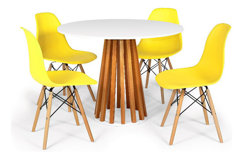 Mesa Jantar Lara Amadeirada Branca 100cm + 4 Cadeiras Solo Cor Amarelo